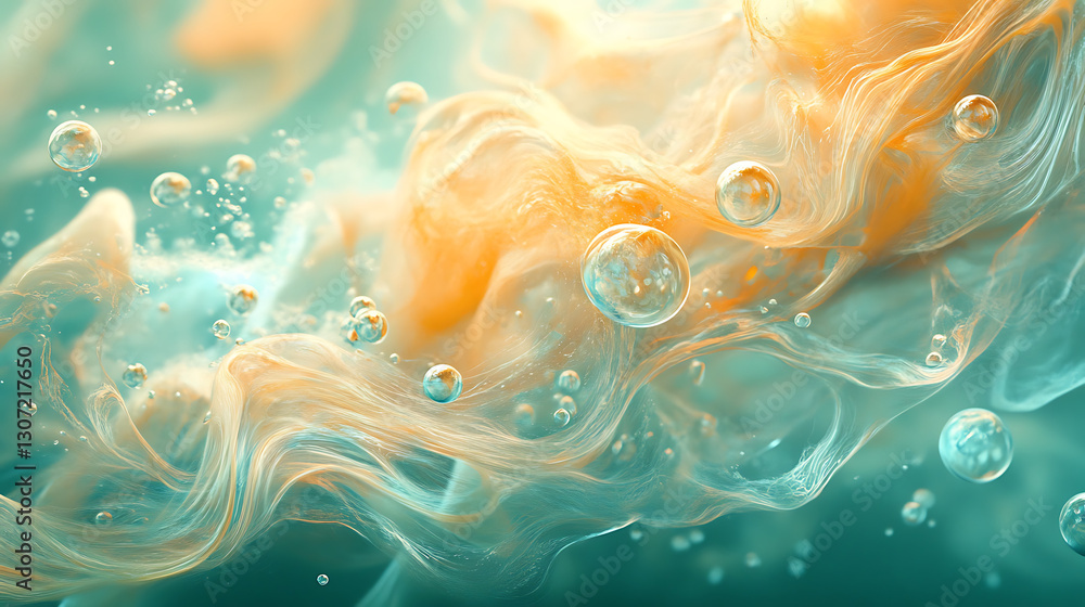 Poster abstract aquatic swirl with coral tones glowing bubbles and underwater texture creating ocean backgr