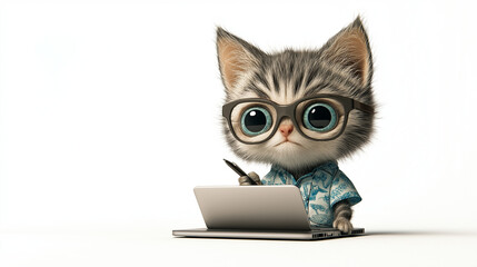A baby cat wearing a shirt and glasses, holding a laptop isolated on white background Generated AI Illustration.
