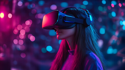 virtual reality exploration of teenage girl with vr headset futuristic metaverse concept digital innovation immersive gaming experience and modern technology lifestyle inspiration