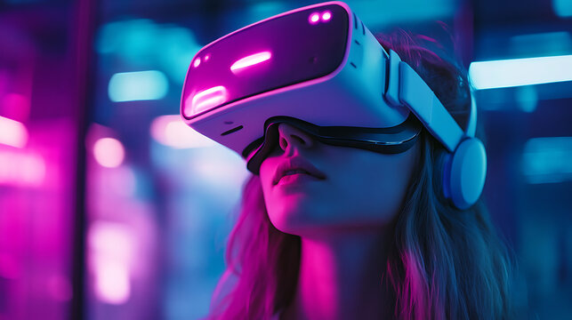 virtual reality exploration of teenage girl with vr headset futuristic metaverse concept digital innovation immersive gaming experience and modern technology lifestyle inspiration