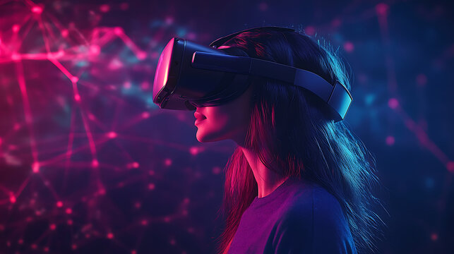 virtual reality exploration of teenage girl with vr headset futuristic metaverse concept digital innovation immersive gaming experience and modern technology lifestyle inspiration - Powered by Adobe