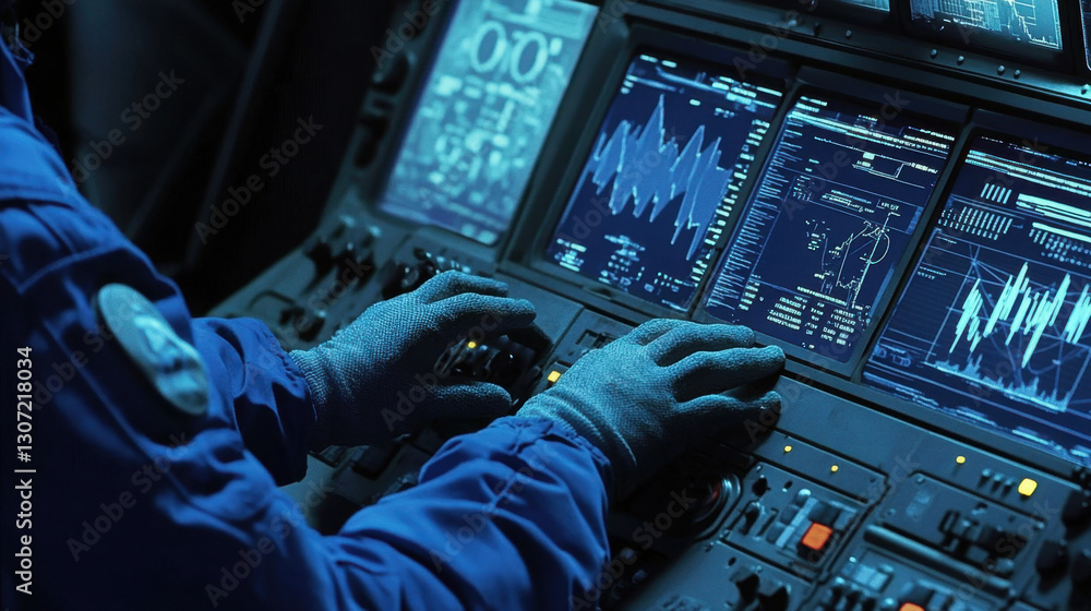 Aufkleber a technician in blue overalls engages with a complex control panel, monitoring multiple data display