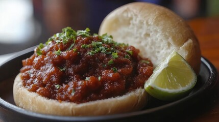 Delicious Spicy Meat Patty in a Bun with Lime