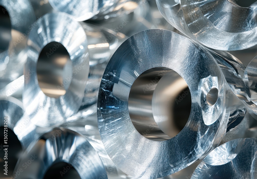 Aufkleber close-up view of polished aluminum rings displaying reflective surface and geometric shapes for indu