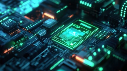 Obraz premium Glowing CPU on circuit board; tech background