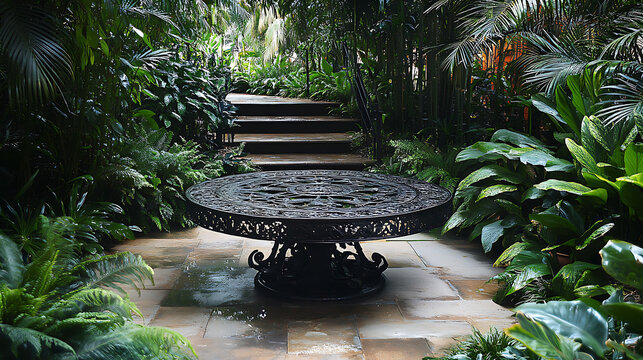 stylish artistic iron table surrounded by lush greenery elegant outdoor garden furniture rustic design vintage decor and relaxation atmosphere with serene natural landscape setting