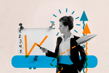 Sketch image trend artwork montage photo collage of businesswoman show graphics plan paper plane...