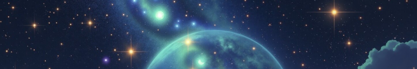 A blue planet with a green spot in the middle surrounded by stars