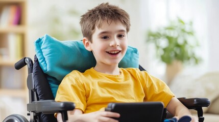 Happy young boy in wheelchair using tablet at home indoors