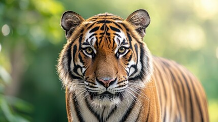 Obraz premium Majestic Tiger Approaches with Intense Gaze in Lush Greenery, Highlighting Its Striking Fur and Powerful Presence