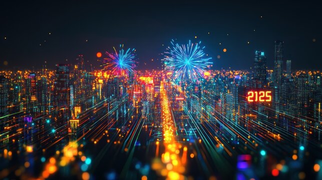 Futuristic city fireworks 2125 night celebration