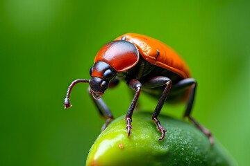 Close-up of an orange beetle on a green leaf macro photography