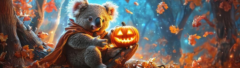 Cute Koala in Halloween Costume Holding Pumpkin in Enchanted Forest