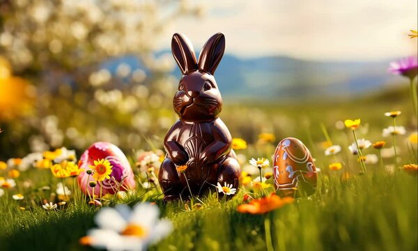 tasty chocolate easter bunny in sping meadow on sunny day animation