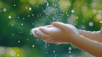 Fototapeta premium little kid hands wash with soap bubbles and rinse with clean water to prevent and stop the spread of germs after back to home, virus or covid19. Good health and good personal hygiene, virus, bacteria