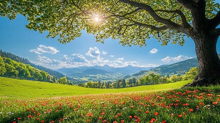 Sunny meadow with wildflowers, mountains, and a large tree
