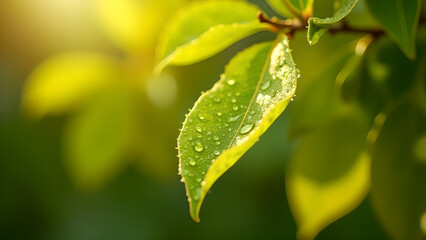 Obraz premium Fresh Green Leaf with Water Droplets in Sunlight