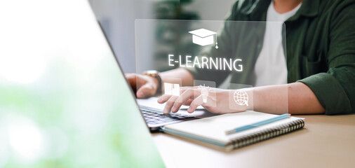 e-learning education internet lesson and online webinars Man showing virtual screen education, study knowledge to creativity