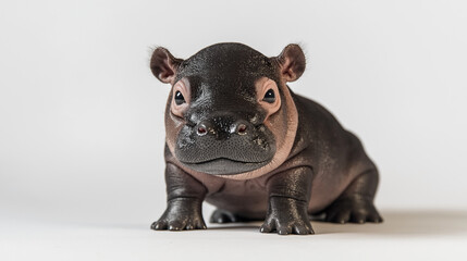 Fototapeta premium A baby pygmy hippotamus wearing a shirt and glasses, holding a laptop isolated on white background Generated AI Illustration.