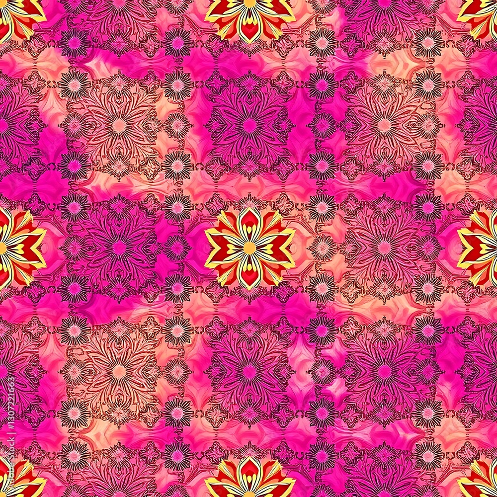 Poster floral kaleidoscope: a captivating repeating pattern features symmetrical floral designs with kaleid