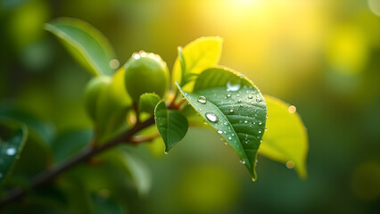 Close-up of Dew Drops on Green Leaves in Sunlight