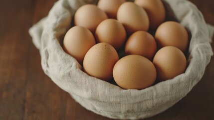 Fresh Brown Eggs in a Rustic Basket on a Wooden Table Welcoming a Natural Farm Experience
