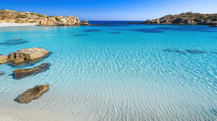 Obraz premium A serene coastal scene featuring crystal-clear turquoise waters, gentle waves, and rocky shorelines under a bright blue sky.