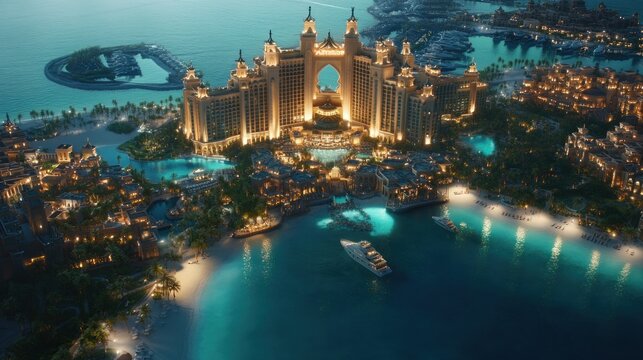 Aerial Night View Luxurious Resort, Yacht, Marina