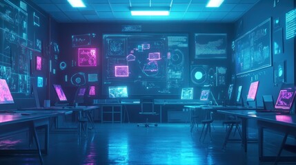 Futuristic control room; data analysis; neon; night