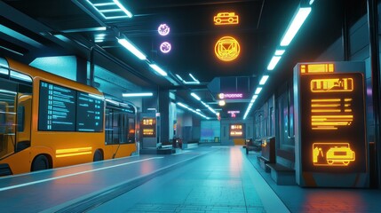 Futuristic transit station platform, neon lights, autonomous bus, digital signage, underground