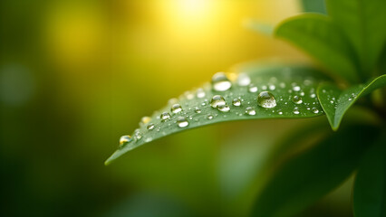 Fototapeta premium Fresh Dew Drops on Leaf, Nature in Detail View