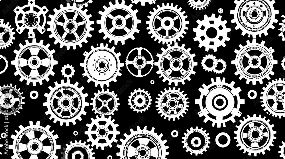 Poster mechanical harmony: a dynamic, repeating pattern of interconnected gears, rendered in intricate deta