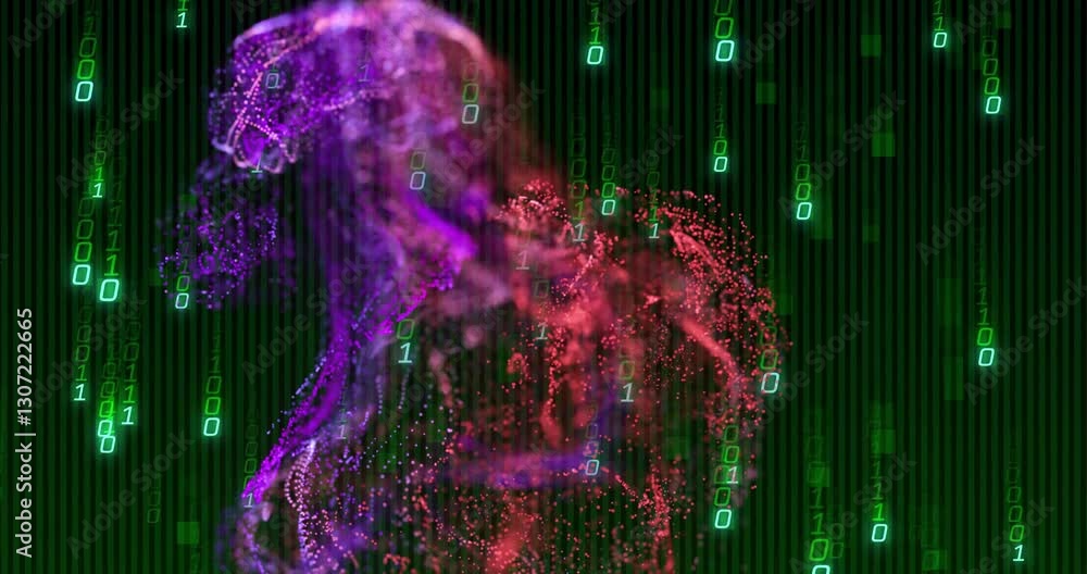 Poster animation of digital particles and binary code forming dynamic, colorful pattern