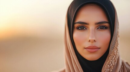 Young woman in hijab with captivating gaze against a soft blurred background during sunset golden hour