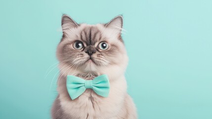 Fototapeta premium Adorable Himalayan Cat with Charming Aqua Bow Tie Against Bright Aqua Background