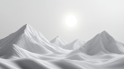 sun and mountains, close-up, white solid background, sun peeking over mountains, crisp lines, and soft lighting on the peaks.