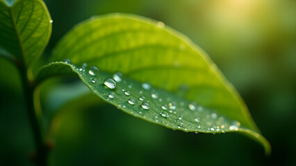 Fresh Green Leaf with Water Droplets