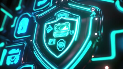 Neon shield protecting digital data; futuristic tech background