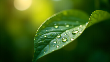 Fototapeta premium Green Leaf with Water Drops Close-Up Fresh Look