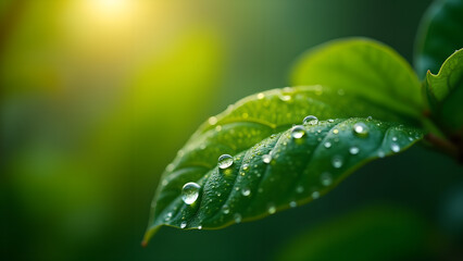 Green Leaf with Water Droplets Shines in Sunlight