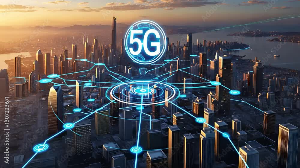 Poster 5g wireless network in a futuristic smart city with high-tech digital connections and advanced telec