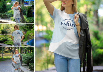 4 Women's T-Shirt Mockups on Girl on a Outdoor