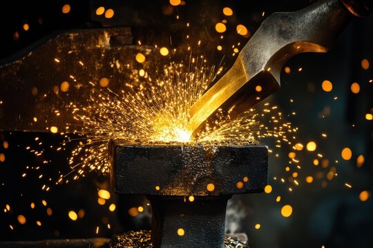 Blacksmith forging metal with sparks flying in a workshop during the evening