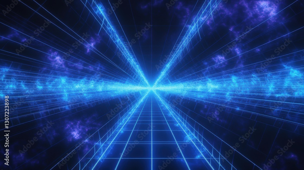 Aufkleber abstract futuristic grid perspective with neon blue light beams and cosmic elements creating a scien