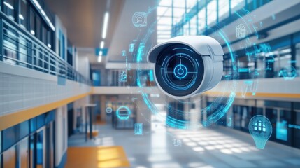 Smart security camera in modern building lobby