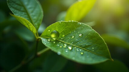 Fototapeta premium Water Droplets on Green Leaf Macro Photography