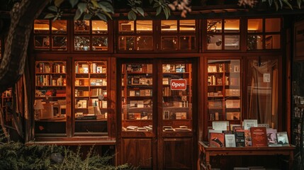 Charming Bookstore Exterior with Inviting Open Sign and Books