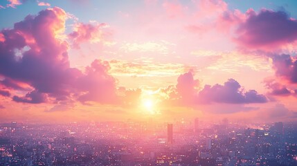 Obraz premium Vibrant sunset over a city skyline with pink and orange clouds.