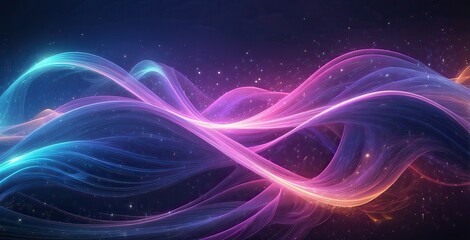 Colorful abstract light waves swirling in a cosmic space background with sparkles and gradients at night, created by ai generated