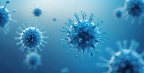 Microscopic view of viruses in a blue environment showing detailed structures and shapes, created by ai generated